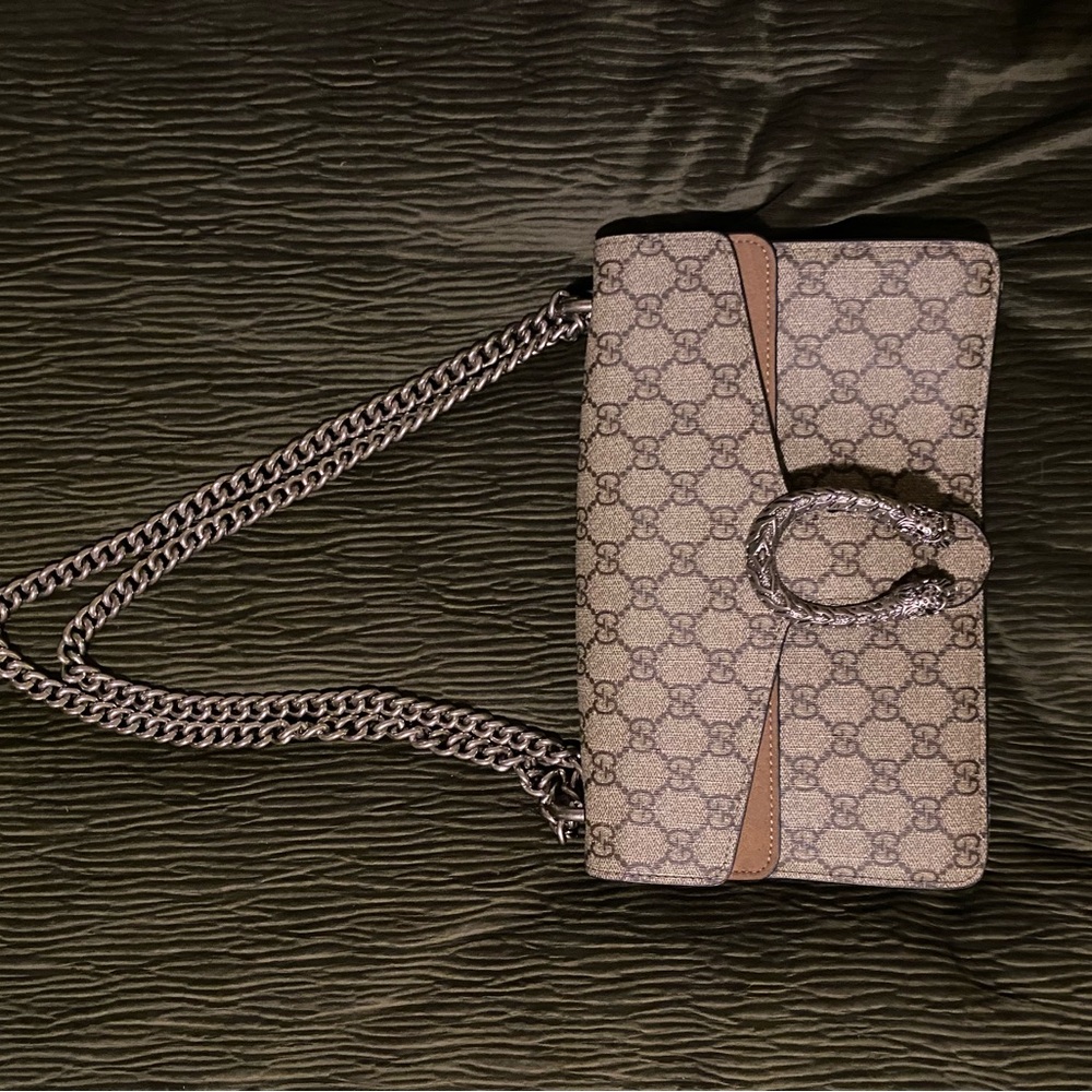 Beige and Brown Crossbody Bag with Chain Strap